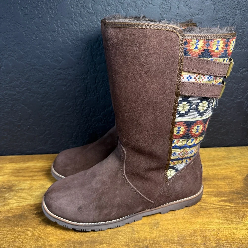 Lamo Tribal Pattern Suede Textile Mid-Calf Boot Womens Size 10‎ Brown